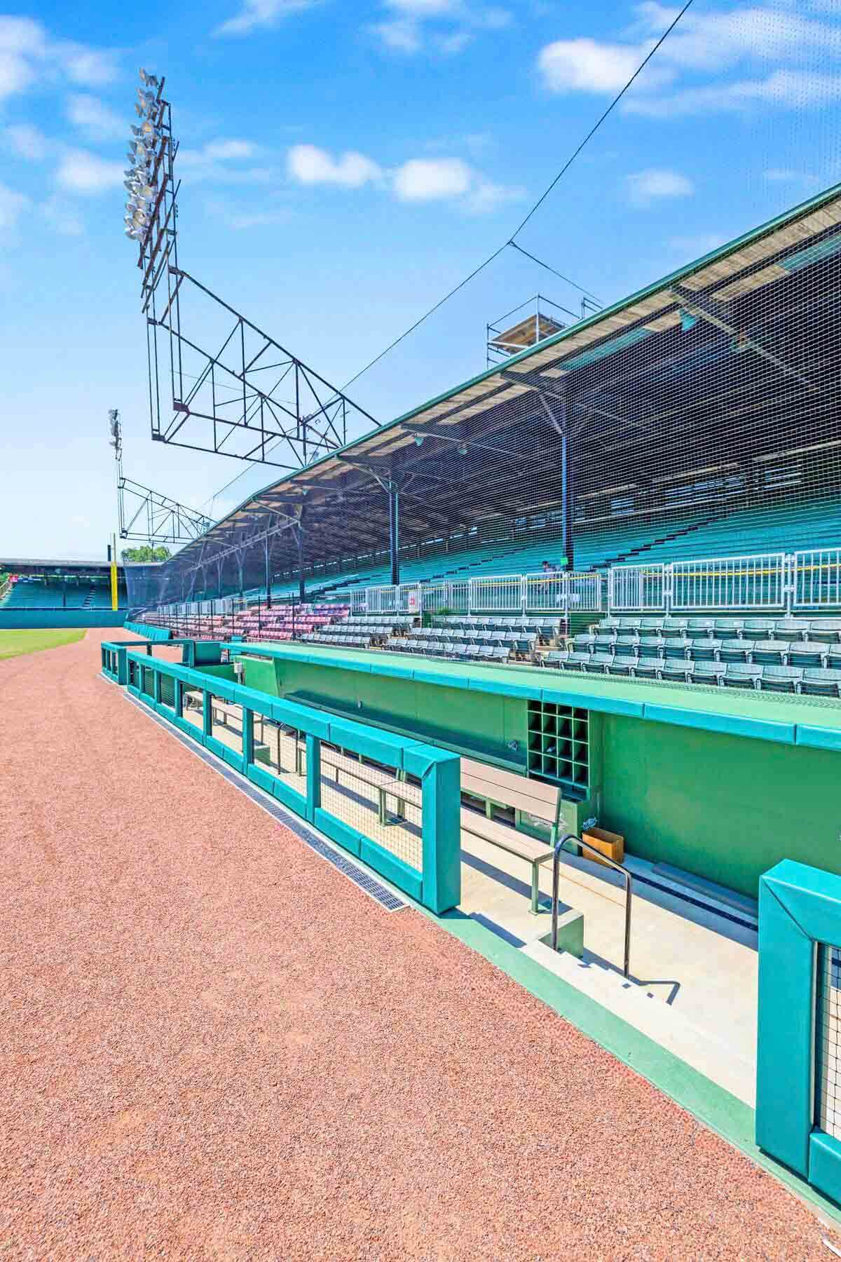 Dugout with padded rails and extra storage